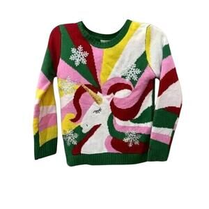 Margaux & Lexi Unicorn Sweater Ribbed Knit Snowflake Details Multicolor L14 NWT